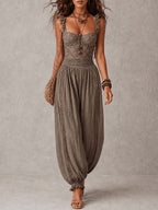 NIEVES | CONJUNTO DE BANDEAU DE ENCAJE GRIS Y PANTALONES HAREM DE ALGODÓN PLISADOS