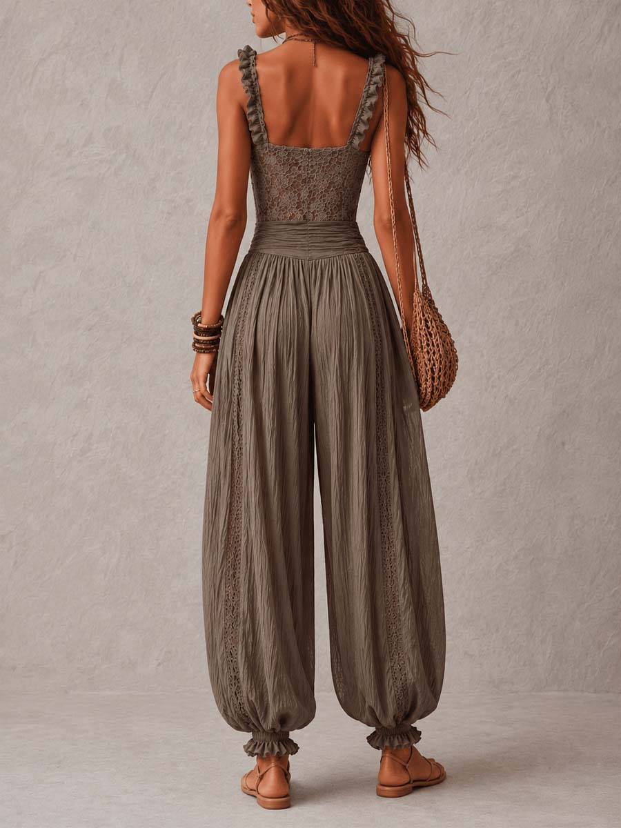 NIEVES | CONJUNTO DE BANDEAU DE ENCAJE GRIS Y PANTALONES HAREM DE ALGODÓN PLISADOS