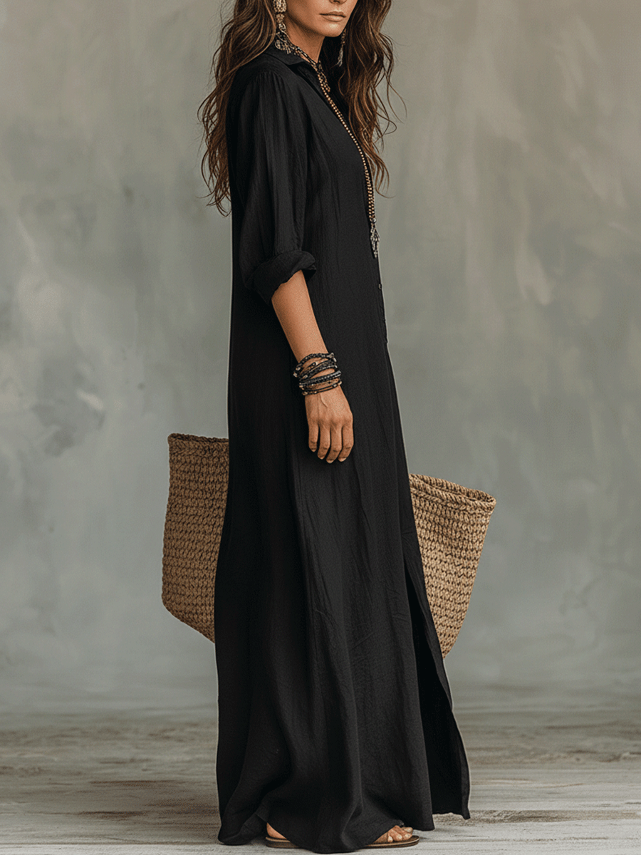 VESTIDO LARGO CAMISERO ESTILO BOHEMIO CON BOTONES