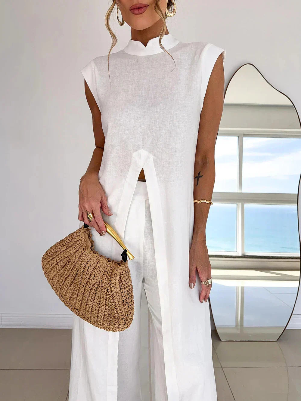 BENIGNA™ | CONJUNTO BLANCO TÚNICA VOLANTE Y PANTALÓN