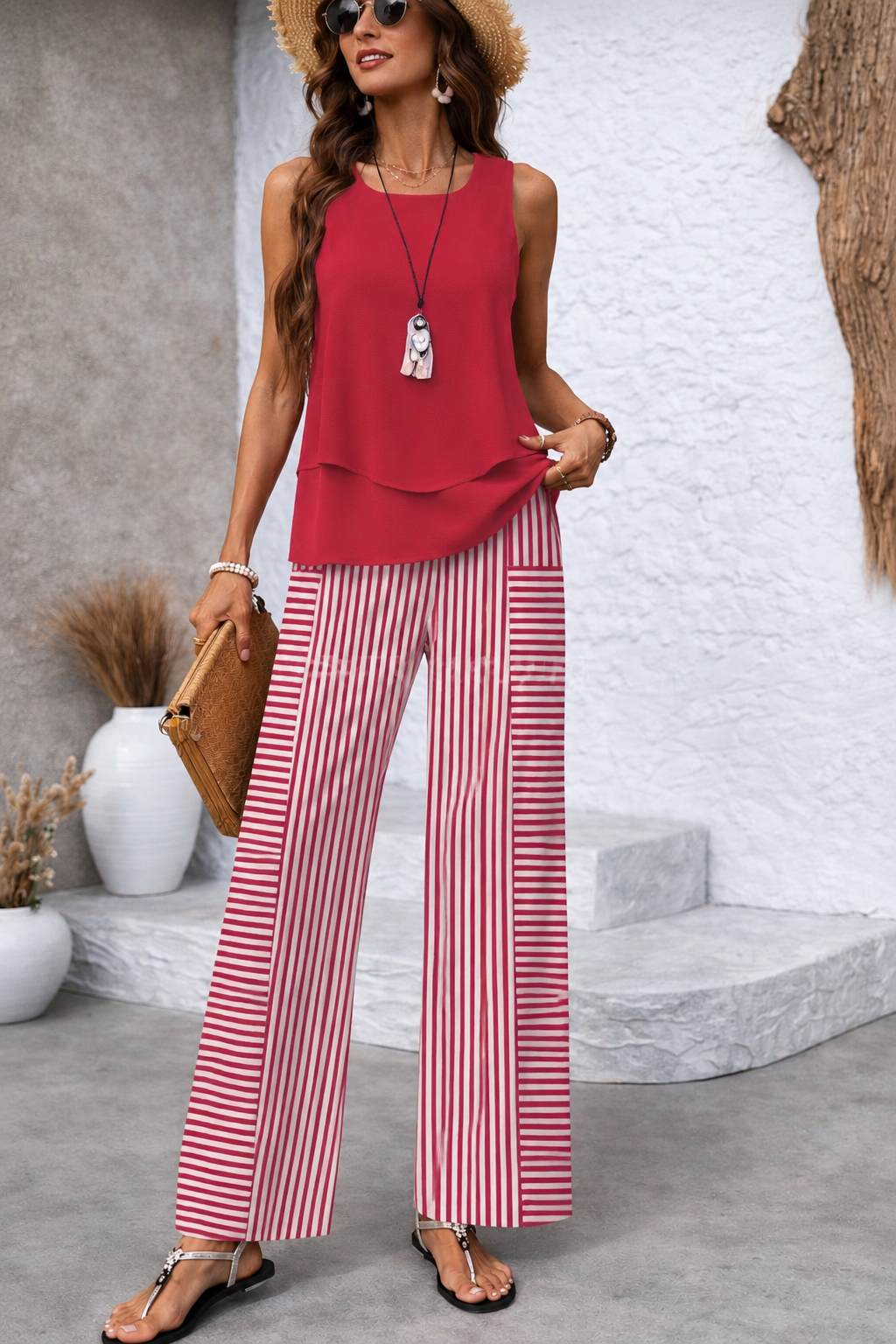 RAMONA™ | CONJUNTO ROSA TOP LISO Y PANTALÓN RAYAS