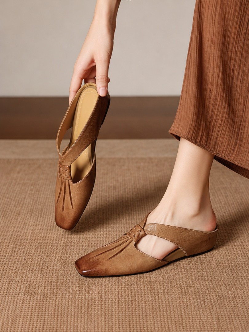 Olene | Mules de Punta Cuadrada de Piel Genuina