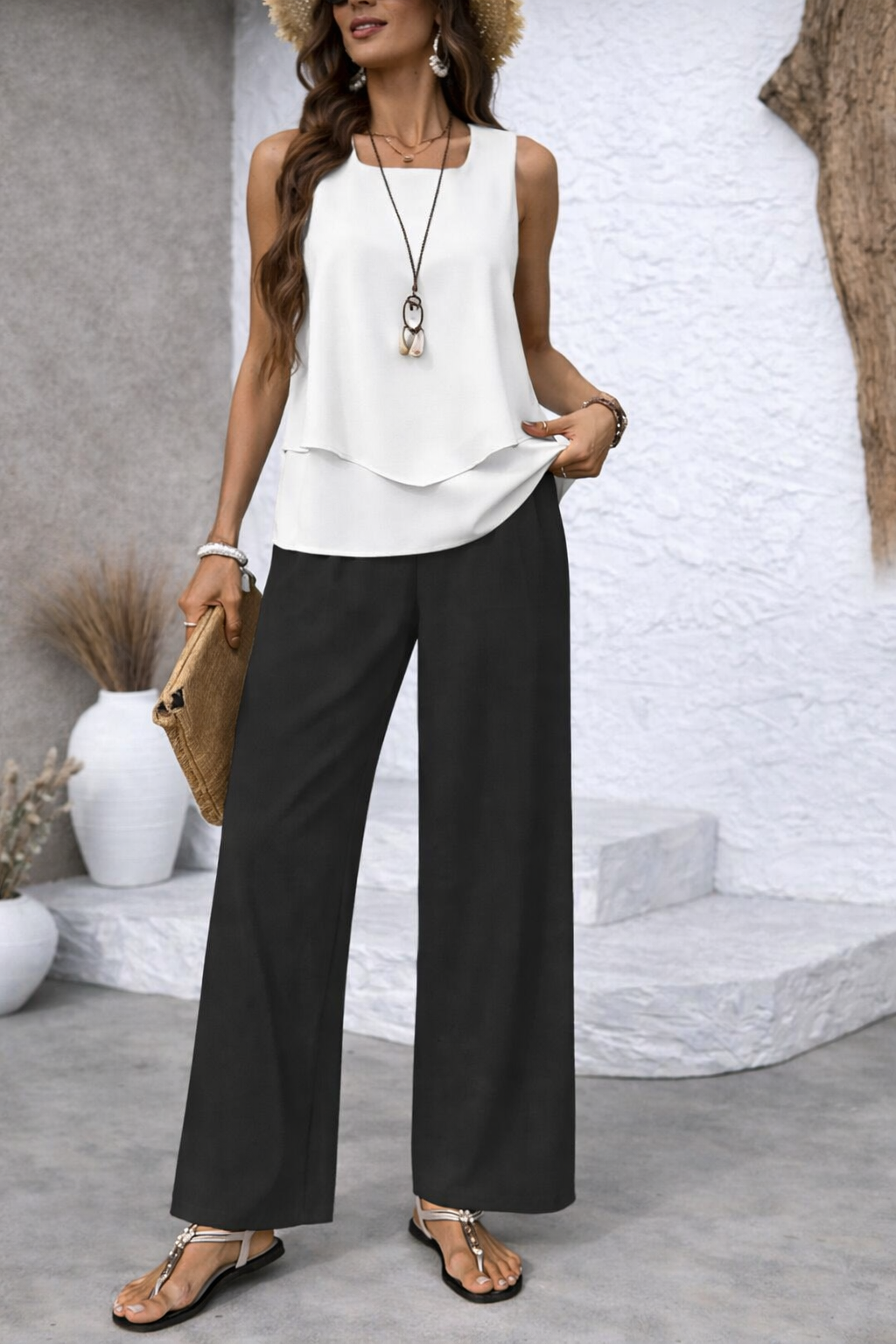 GREGORIA™ | CONJUNTO BICOLOR BLUSA BLANCA Y PANTALÓN NEGRO