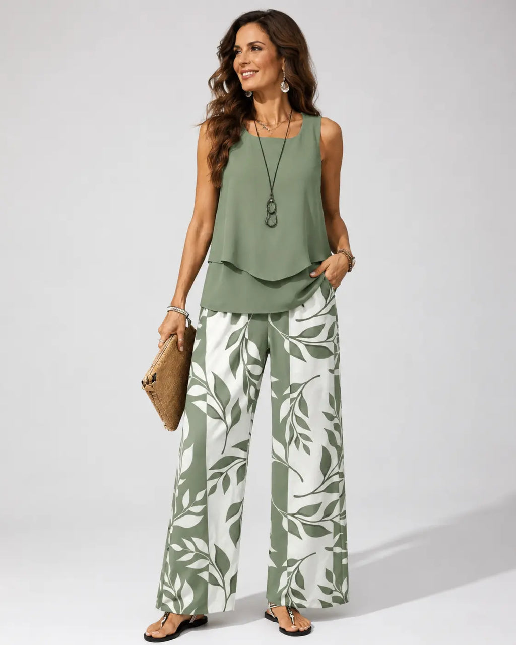 PETRONILA™ | CONJUNTO VERDE SALVIA BLUSA Y PANTALÓN BOTÁNICO
