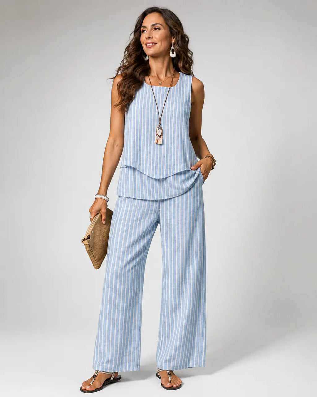 NICOLASA™ | CONJUNTO RAYAS AZÚL TOP Y PANTALÓN ANCHO