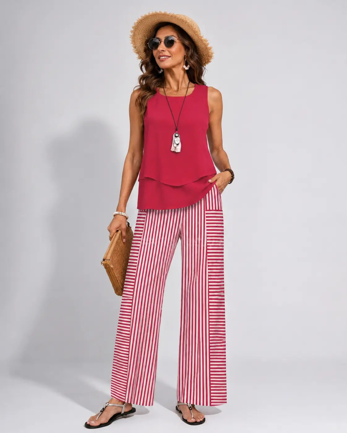 RAMONA™ | CONJUNTO ROSA TOP LISO Y PANTALÓN RAYAS