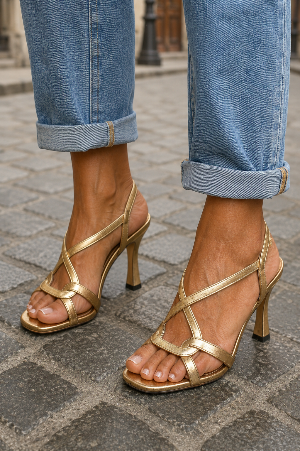 ESTÍBALIZ | TACONES DORADOS METÁLICOS CRUZADAS