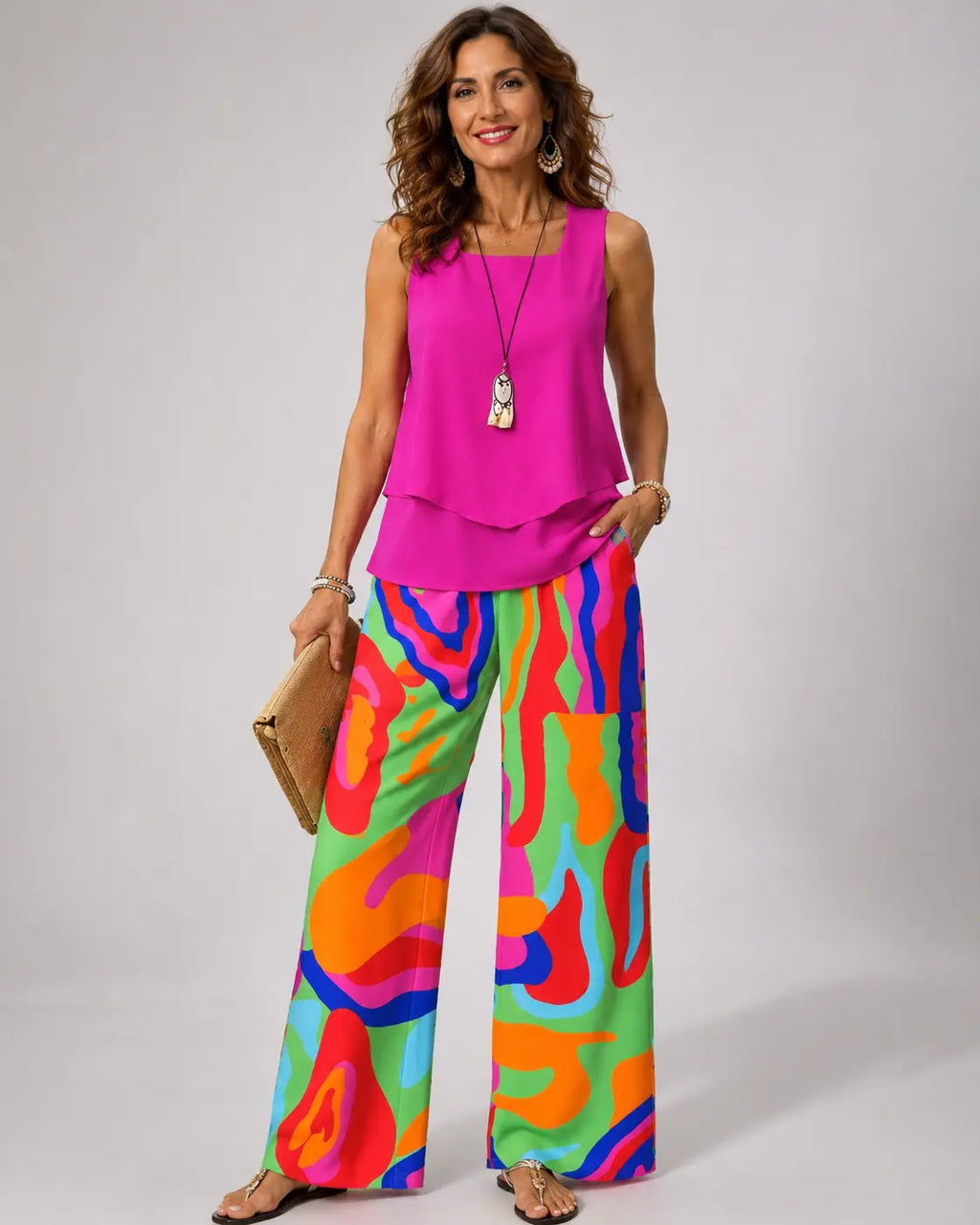 CLOTILDE™ | CONJUNTO TOP ROSA Y PANTALÓN ABSTRACTO