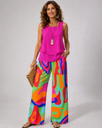 CLOTILDE™ | CONJUNTO TOP ROSA Y PANTALÓN ABSTRACTO