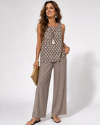 FACUNDA™ | CONJUNTO TAUPE BLUSA GEOMÉTRICA Y PANTALÓN ANCHO