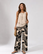 IGNACIA™ | CONJUNTO BLUSA BEIGE Y PANTALÓN BOTÁNICO