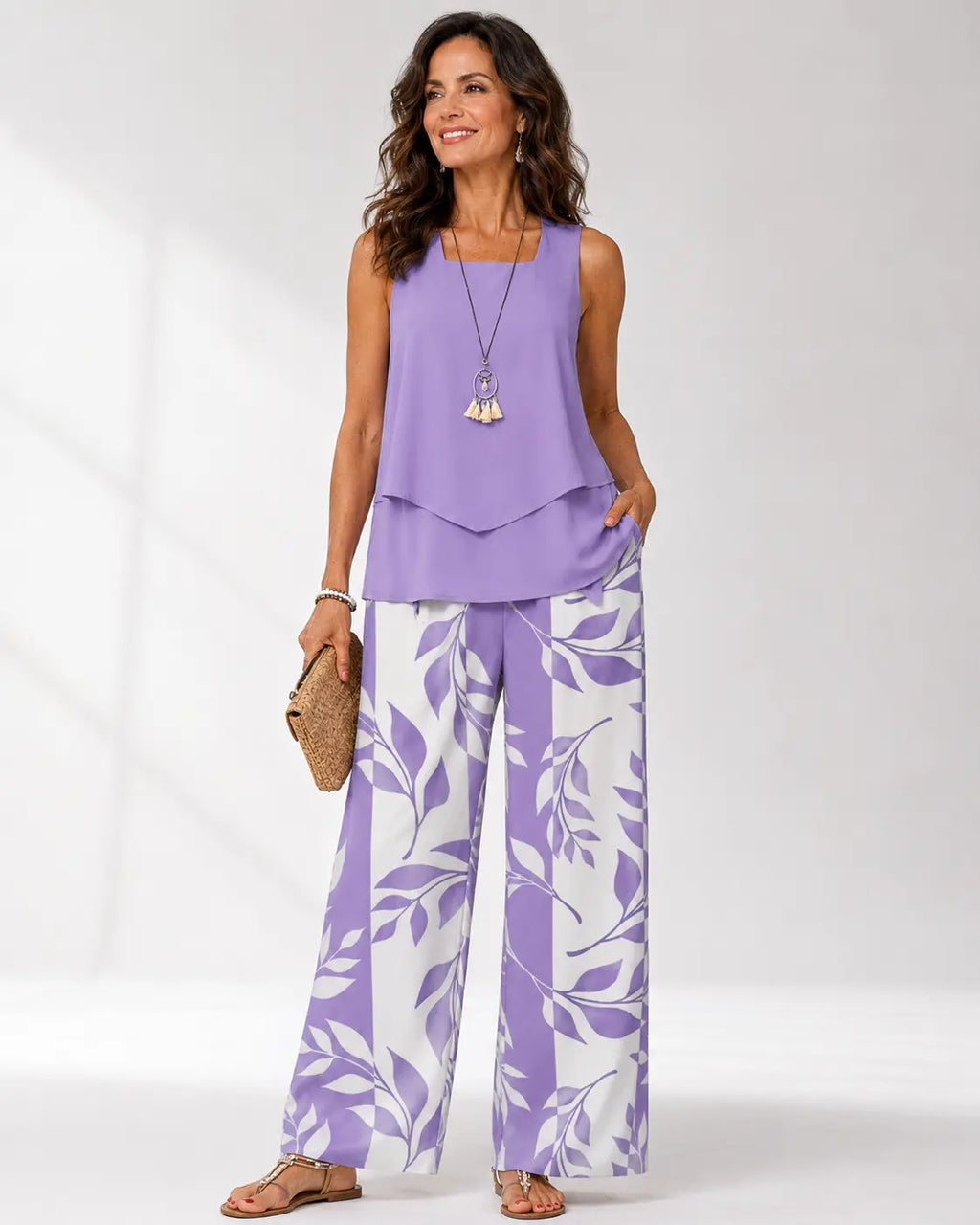 JUSTA™ | CONJUNTO LILA BLUSA Y PANTALÓN BOTÁNICO