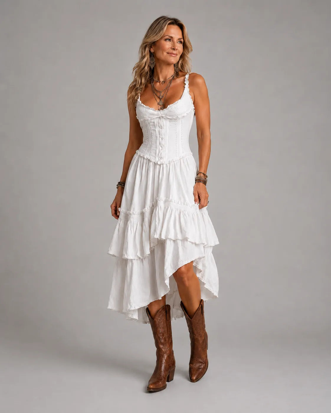 VESTIDO MIDI RETRO CON CORSÉ Y VOLANTES