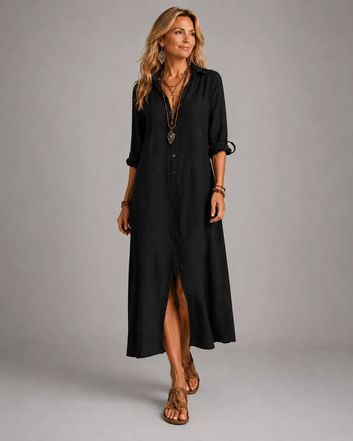 VESTIDO LARGO CAMISERO ESTILO BOHEMIO CON BOTONES