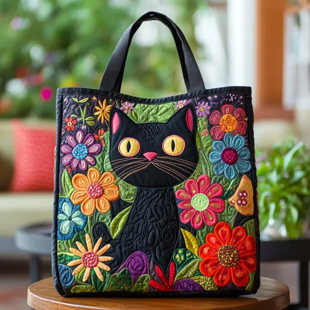 GATO NEGRO CON FLORES | BOLSO ARTESANAL