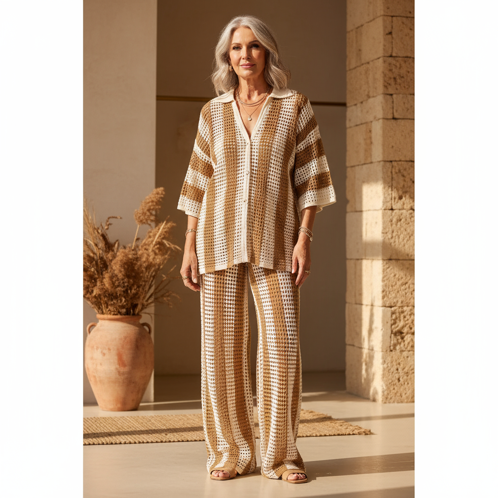 ZENAIDA™ | CONJUNTO CROCHET RAYAS KIMONO Y PANTALÓN