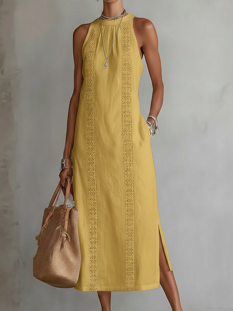 JIMENA | VESTIDO MIDI CON CUELLO MANDARÍN BORDADO