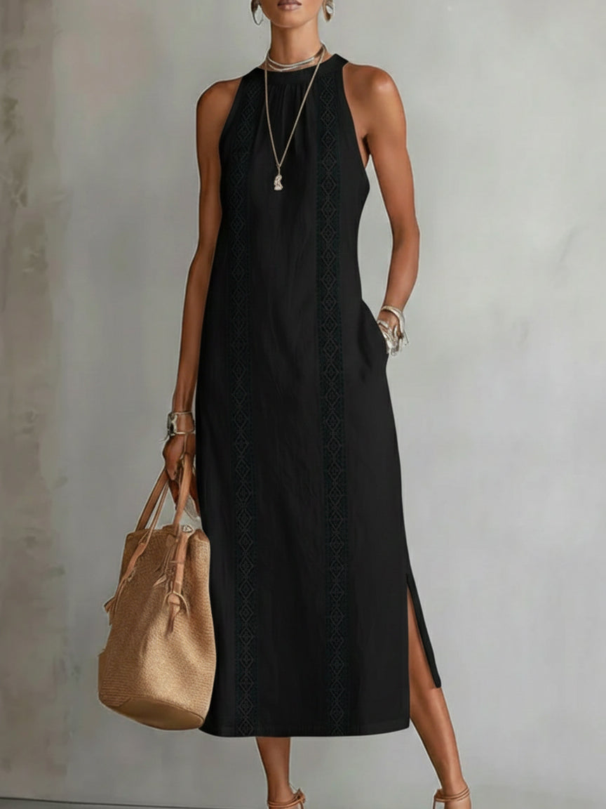 JIMENA | VESTIDO MIDI CON CUELLO MANDARÍN BORDADO