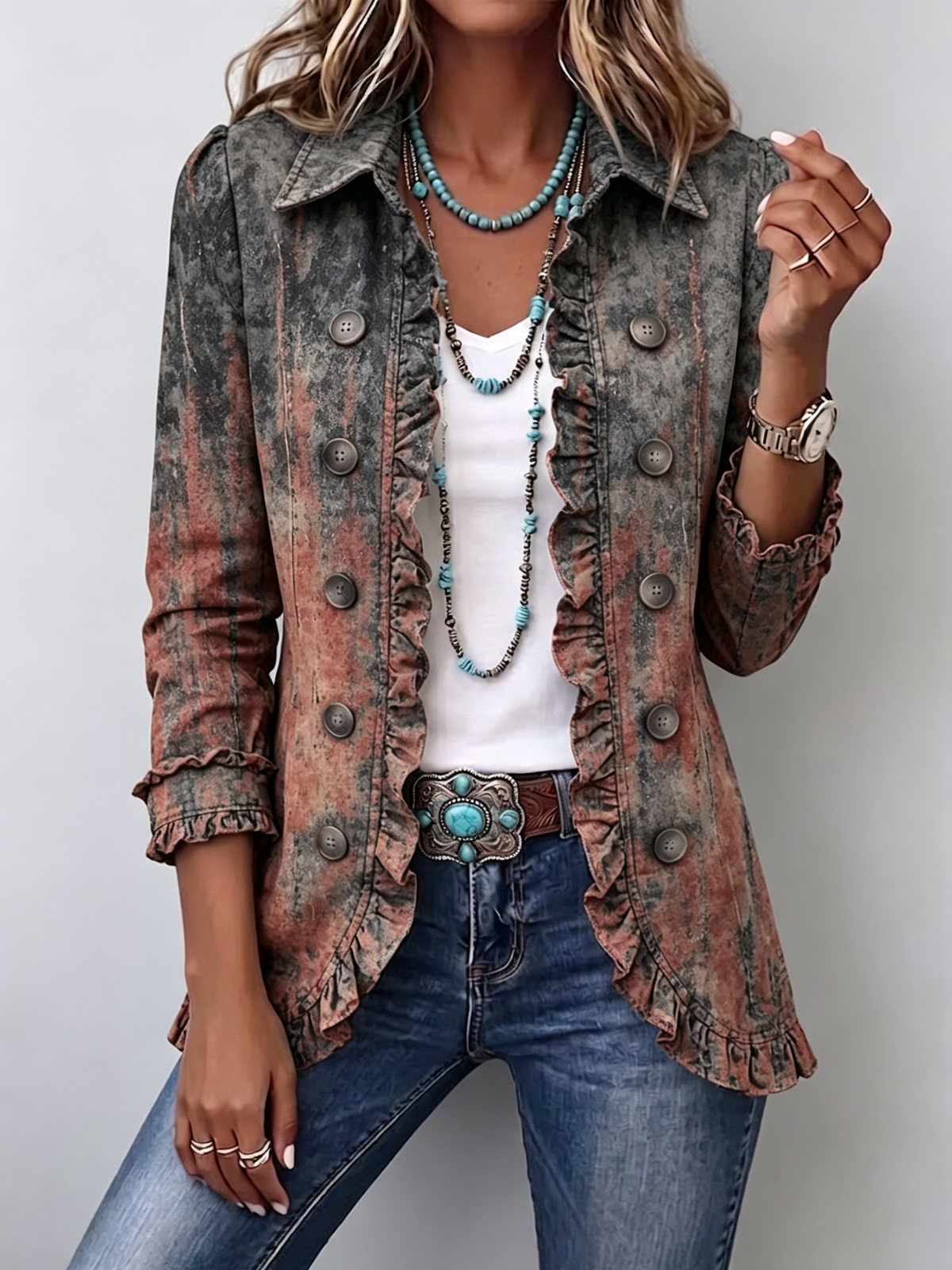 BRISTOW™ | CHAQUETA CON VOLANTES Y ESTAMPADO TEXTURIZADO